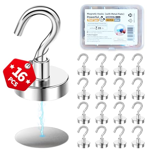 Magnetic Hooks for Cruise Cabins, Strong Neodymium Magnets | Strong Magnetic Hold | No Drill Installation | Cruise Cabin Essential | Includes Adhesive Metal Plates - size: 16 Pack with Metal Plates