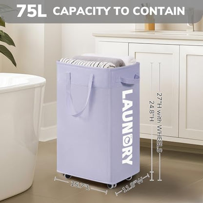 Goodpick Laundry Basket with Wheels 2-Pack, 75L Collapsible Laundry Baskets with Removable Wash Bag, Clothes Laundry Hamper on Wheels, Light Purple - color: Light Purple 2-Pack