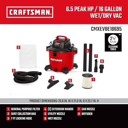 CRAFTSMAN CMXEVBE18695 16 Gallon 6.5 Peak HP Wet Dry Shop Vacuum - size: 16 Gallon 6.5 Peak HP w/Diffuser