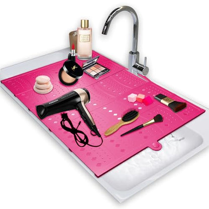 BRIAN & DANY Makeup Mat for Sink, Bathroom Sink Cover for Counter Space, Foldable Silicone Sink Mat Organizer Countertop RV Space Saver, Pink, 19.3" x 15.5" - color: Pink