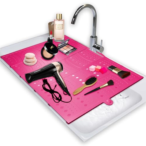 BRIAN & DANY Makeup Mat for Sink, Bathroom Sink Cover for Counter Space, Foldable Silicone Sink Mat Organizer Countertop RV Space Saver, Pink, 19.3" x 15.5" - color: Pink