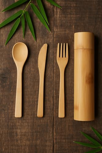 Eco-Friendly Travel Utensils Set: Lightweight Bamboo Forks, Spoons, Knives in Wooden Case, Reusable Utensils for Lunch Box, Kids Camping Cutlery, Sustainable Portable Flatware - size: 3-piece