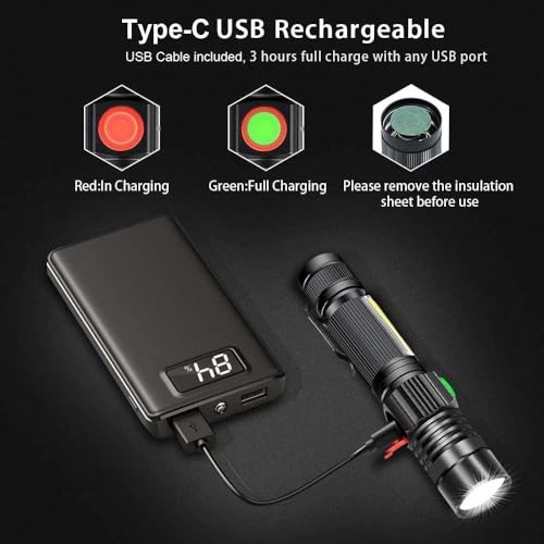 Hoxida Flashlight USB Rechargeable, Magnetic LED Flashlight, Super Bright LED Tactical Flashlight with Cob Sidelight, Waterproof, Zoomable Best Small LED Flashlight for Camping, Emergency Flashlights - color: 2pack Magnetic flashlight