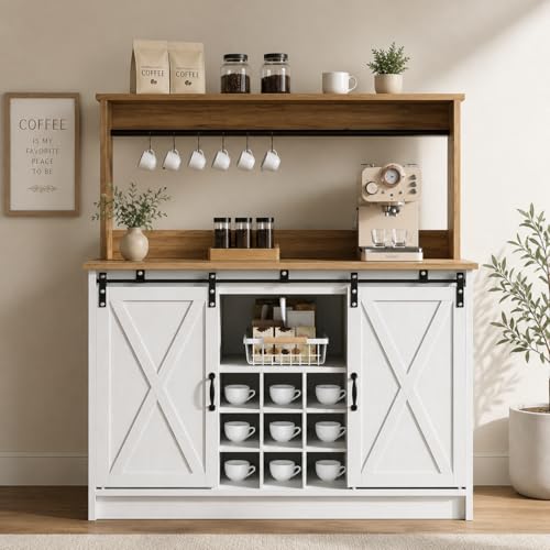 4ever2buy Farmhouse Coffee Bar Cabinet with Hutch, 47 Inch Buffet Cabinet with Storage, White Wine Bar with 9 Wine Racks and 6 Hooks, Coffee Bar Table with Adjustable Shelves for Living Dining Room - color: White, size: 47Inch
