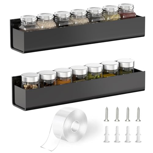 PMMASTO Adhesive Acrylic Spice Rack Organizer for Wall with Nano Double Sided Tape, Spice Shelf Organization for Kitchen Cabinet Door/Pantry Door, Wall Mount Seasoning Rack (Black-2 Pack) - color: Black, size: 2 Pack-12" (Rack Only)