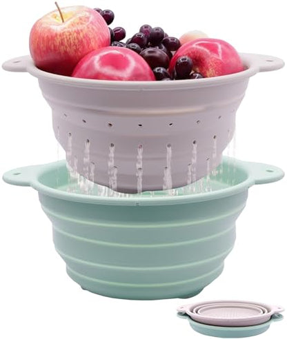 Collapsible Silicone Colander Bowl Set,BPA Free, Heat Resistant, Stainless Steel Nesting, Portable Washing Basket Strainer Drain Basin for Camping, Hiking, Kitchen, Dishwasher Safe (Grey+Green) - color: Gray+Green