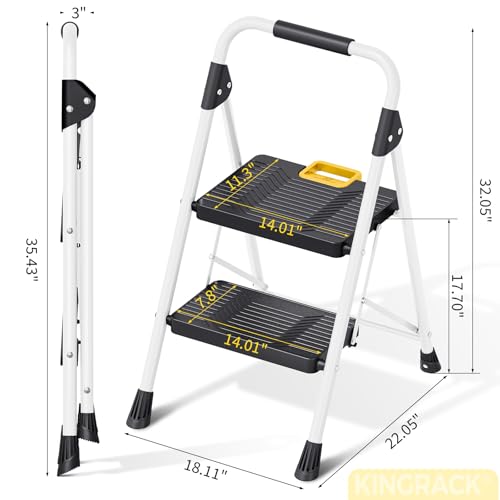 KINGRACK 2 Step Folding Ladder, 800lbs Capacity Step Stool with Safety Lock, Non-Skid Wide Pedals, and Handrail, Lightweight, Household Ladder for Home, Kitchen, Pantry, Closets, and Office Use, White - size: 2-STEP