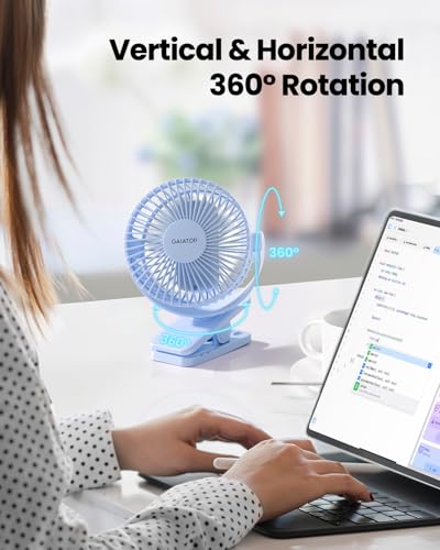 Gaiatop Portable Clip on Fan Battery Operated, Small Powerful 3 Speed Quiet 360° Rotate, USB Rechargeable Mini Personal Cooling Fan for Desk Table Home Office Stroller Camping Women Gifts Light Blue - color: light Blue