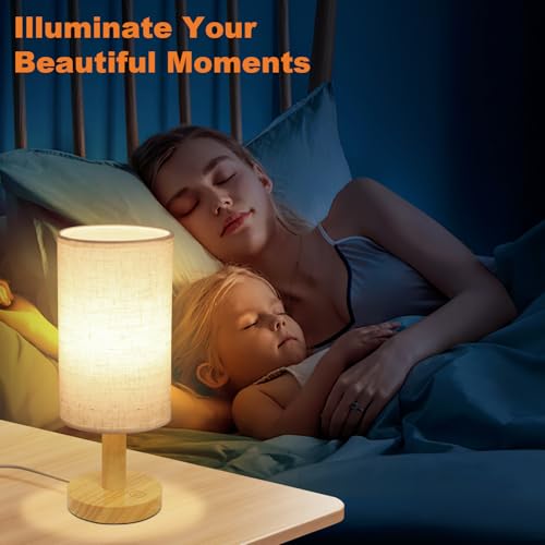 Small Touch Table Lamp with Stepless Dimming&USB Plug,Natural Round Wood Base&Linen Fabric Shade |Soft Ambient Warm Night Light|Minimalist Boho Bedside Lamp for Bedroom,Nightstand,Nursery,Kitchen,Dorm - size: Round - USB Plug Touch - Set of 1