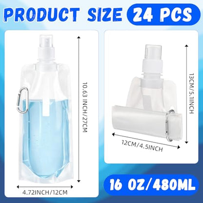 Teenyyou 24 Pack Collapsible Water Bottles Bulk 16oz Foldable Water Bottles with Carabiner Reusable Drinking Leak Proof Container Bags for Sport Biking Hiking Camping Travel Outdoor (Transparent) - color: Transparent