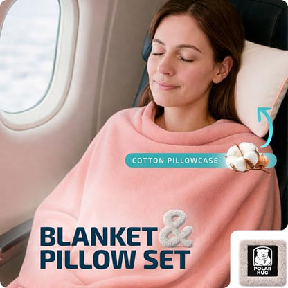 Travel Blanket and Pillow Set — Airplane Blanket with Inflatable Pillow and Cotton Case, Compact Travel Blanket with Back-Neck Snaps for Long Flights - color: Pink Set, size: 64x43''