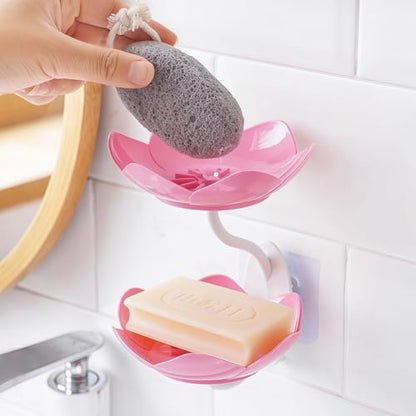 Soap Dish Holder for Shower Bar Double Layer Cute Lotus Shape Adhesive Tray Sink Wall Mounted Shampoo NO-Drilling Self Draining Hanging Saver Rack Plastic Bathroom Bathtub Kitchen，Purple - color: D-purple