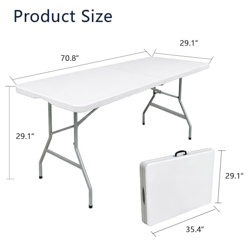 6ft Folding Table with Handle, Portable Plastic Table, White | Heavy Duty & Foldable, Fold in Half Table with Steel Frame, Indoor & Outdoor Use, Perfect for Camping, Picnic, Wedding, Party - size: 6FT