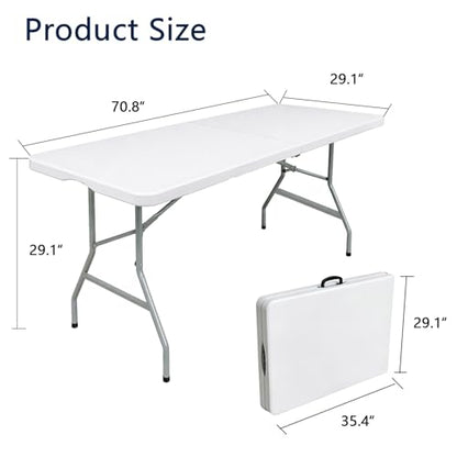 6ft Folding Table with Handle, Portable Plastic Table, White | Heavy Duty & Foldable, Fold in Half Table with Steel Frame, Indoor & Outdoor Use, Perfect for Camping, Picnic, Wedding, Party - size: 6FT