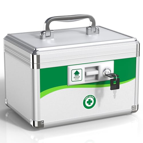 Medicine Lock Box with Keys, Small 10x6.9x6.9in, Aluminum Child-Safe Lock | Child-safe key lock, sturdy aluminum frame, anti-slip base, removable ABS tray, rust-proof handle, reinforced edges - size: Small-10inch
