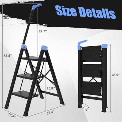 3 Step Ladder,Step Stool Foldable with Single-Handrail,Step Ladder with Anti-Slip Pedals for Home Kitchen Closet,Aluminum Sturdy Material,600lbs Max Load Capacity (Blue) - color: Blue, size: 3 steps