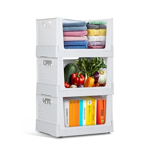 Skywin Foldable Stackable Storage Bins with Wheels, 3 Pack - Ivory | Sturdy Plastic, Easy Stacking, Open Front Access,Shelves Drawer Organizer for Closet Office Bedroom Kitchen Bathroom - color: Ivory, size: 3 Pack