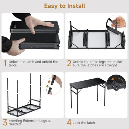 Folding Camping Table, 34.2"x15.7" 3 Adjustable Height Max 27.5" | Picnic Table Matte Black Aluminum Folding Table with Handle for Party, Dining, Garden, Patio, Market - style: 3-Fold MDF Tabletop