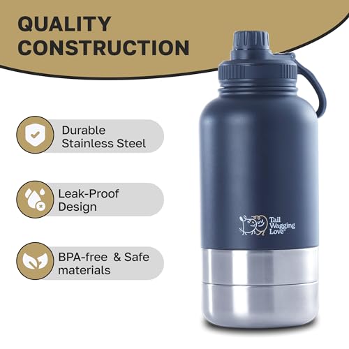 32oz 3-in-1 Portable Travel Water Bottle, Food & Hydration Bottle - Dual Use for Humans & Pets with Detachable Bowls, Stainless Steel, Keeps Water Hot for 6hrs & Cold for 12hrs
