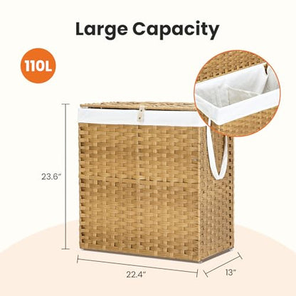 DUMOS Wicker Laundry Basket with Lid, 110L Woven Laundry Hamper with Handles, Foldable Rattan Clothes Hamper with Removable Liner & Sturdy Steel Frame, Goose Yellow - color: Goose Yellow, size: 110L