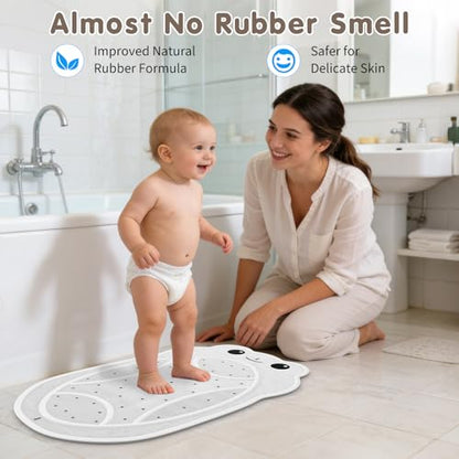 Upgraded Kids Bathtub Mat Non Slip, Low-Odor Natural Rubber Bath Mat with Strong 18mm Suction Cups, Flat Non-Slip Surface, 30"x18" Cute Frog Design, Shower Mat Fast Draining for Smooth Tubs, Beige - color: Beige