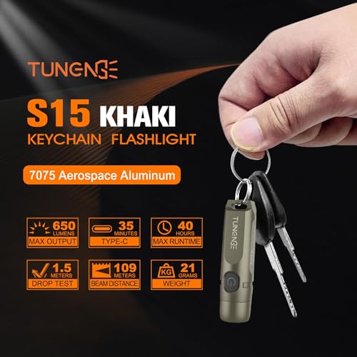 S15 Rechargeable Keychain Flashlight,650 High Lumen EDC Flashlight,Super Bright LED Mini Flashlight Be Suitable for Camping, Hiking,Outdoor Activities,Emergency（Khaki 6500K） - color: Khaki