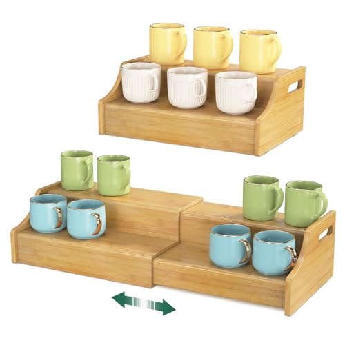 EsLuker.ly Coffee Mug Cup Holder Rack for Cabinets Countertop, 2 Tier Expandable Mug Storage Organizer Bamboo Coffee Bar Station Display Stand Shelf for Kitchen Countertop, No Assembly, More Space - color: Double Tier Bamboo
