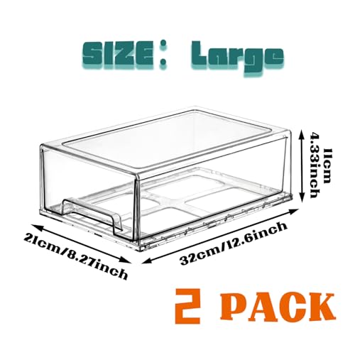 Clear Stackable Refrigerator Organizers and Storage Drawers - Pull-Out Fridge Bins with handles for Kitchen，Pantry，Cabinet，Bathroom, Undersink，Closet (2 Pack) - size: 2 Pack | Large