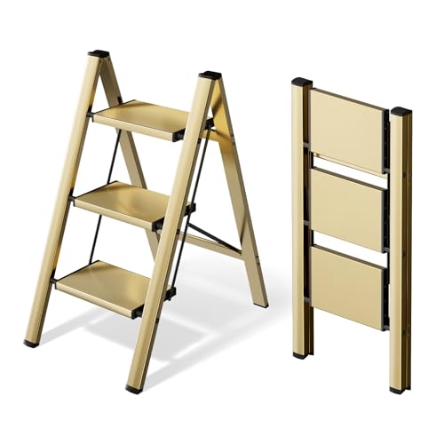HillhutApex 3 Step Ladder, Lightweight Portable 3 Step Stool with Anti-Slip Wide Pedal,330lbs Capacity Aluminum Ladder for Household,Office,Library(Gold) - color: Gold, size: 3 Step