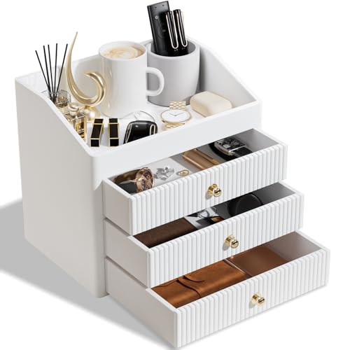 LADSTAG Office Accessories,Begie White Vegan Leather Office Supplies with 3 Drawers & Tray for Desk,Perfume Organizer with Gold-Tone Metal Accents Knob for End Tables,Bedside Table,Bedroom - color: White, size: 4 layers