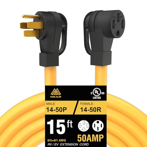 RV Power Yellow Extension Cord 15 FT Waterproof NEMA 14-50P Male to 14-50R Female Heavy Duty 6/3+8/1 Gauge STW Wire with Grip Handle UL Listed 4 Prong 50 Amp 15 Feet - size: 15 FT