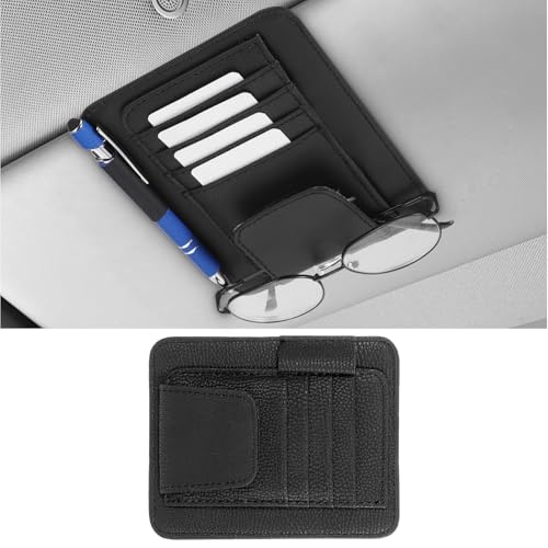 Small Leather Car Sun Visor Organizer with Storage Pouch & Sunglasses Clip, Auto Card Holder Registration/Insurance Slot, Credit Card Pockets, Automotive Interior Organizer for Cars Sun Visor(Black)