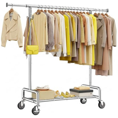 Raybee Clothes Rack, Room Organize Home Storage, 75" W & 4 Extra Hooks | 450LBS Capacity, Stainless Steel, Extendable Hanging Rod, 360° Lockable Wheels, Height Adjustable, 15-Min Tool-free Assembly - color: Chrome, style: Rod Shelf