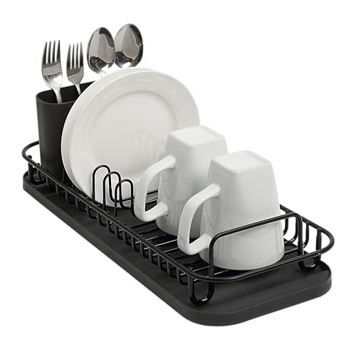 SunnyPoint 304 Stainless Steel NeverRust Compact Dish Drying Rack with Utensil Holder & Removable Drain Tray, Rustproof Small Dish Rack for Kitchen Countertop or Over Sink – Black - color: Blk