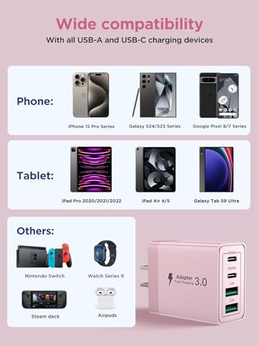 [2-Pack] USB C Charger Block, 4 in 1 USB C Wall Charger PD 3.0 40W Charging Blocks, QC 2A USB Wall Charger for iPhone 17 16 15 14 13 12 Pro Max, iPad, iPod - color: Purple+Pink