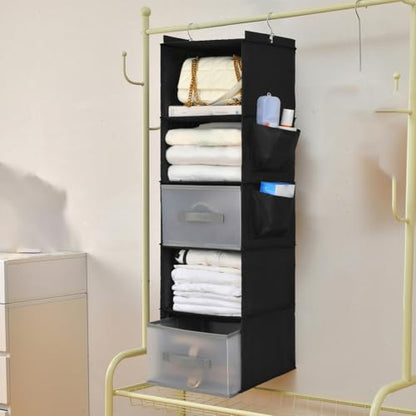 5-Layer Suspended Fabric Shelf Organizer, Equipped with 2 Sturdy Hooks, 2 Separate Drawers, and Foldable Hanging Storage (Black) - color: 5-shelf Black