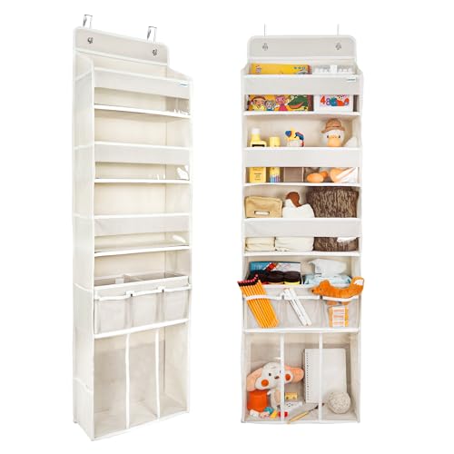 Door Hanging Storage Organizer,with 3 Bins 1 Movable Baby Diaper Caddy,1 Large capacity diaper stacking storage Organizer,10 Side Pockets ,Bedroom Door Storage for Nursery Baby Essentials. (Beige) - color: Beige
