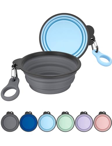 Aonkey Collapsible Dog Bowls with Bottle Carrier, 2 Pack Travel Dog Water Bowl Upgraded Carabiner, One-piece Molded Rim No Fall Off or Crack, Foldable Silicone Portable for Pets Walking Hiking 15oz - color: 5. Gray & Sky Blue, size: Small (Pack of 2)
