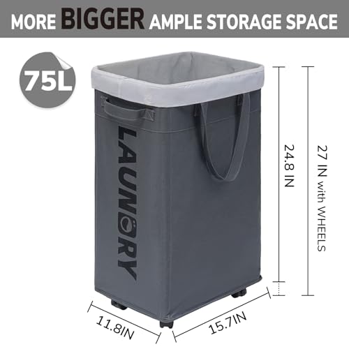 Goodpick Laundry Basket with Wheels, Laundry Hamper with Removable Wash Bag, Clothes Hamper, Rolling Laundry Basket, Dorm Room Essentials, 75L, Grey - color: Grey 1-Pack
