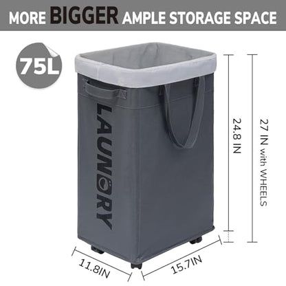 Goodpick Laundry Basket with Wheels, Laundry Hamper with Removable Wash Bag, Clothes Hamper, Rolling Laundry Basket, Dorm Room Essentials, 75L, Grey - color: Grey 1-Pack