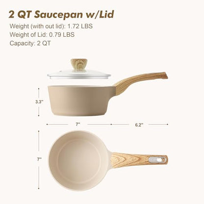 SENSARTE Ceramic Nonstick Sauce Pan with Lid, 2.0 Quart Small Saucepan, White Cooking Pot with Stay Cool Handle, Non toxic Kitchen Sauce Pot, Non stick Small Pot, Induction Pot, PFOA PTFE PFAS Free - color: Ceramic Taupe, size: 2.0 Quarts