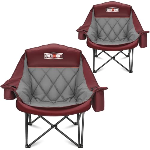Overmont Oversized XL Camping Chair for Adults - 2 Pack 500lbs Support Heavy-Duty Padded Folding Chair with Side Pocket Cup Holder Cooling Bag for Outdoor Sports Garden Beach Fishing Lawn Red - color: Red 2pcs