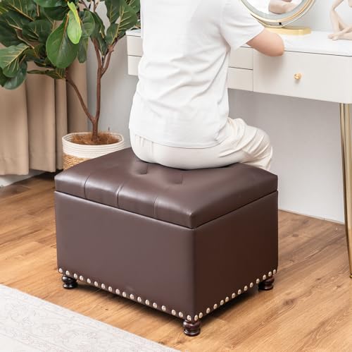 Joveco Faux Leather Storage Ottoman Bench Rectangle 24 Inch Foot Rest Ottomans (Brown) - color: Brown
