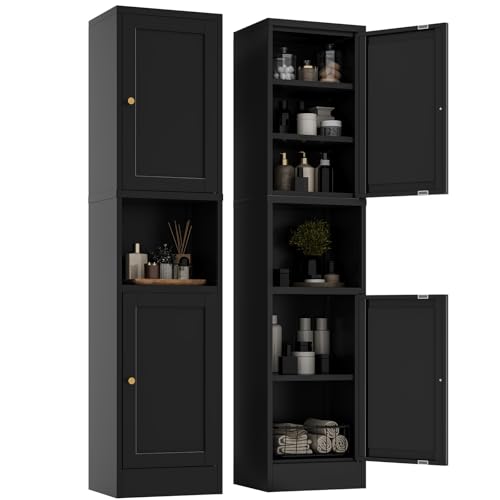 YAUWOH 2-Door Metal Storage Cabinet, Tall Slim Pantry Organizer with 3 Adjustable Shelves (120LBS/Shelf), Anti-Tipping Waterproof Cabinet for Bathroom/Kitchen/Home Office/Small Spaces, (1PC,Black) - color: Black, size: 67"H-2 Doors