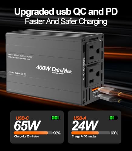 400W Car Power Inverter 12V to 110V AC｜24W+65W USB C, Laptop Charger | 65w Fast Charger,2 AC Output,Aluminum alloy casing - color: BLACK