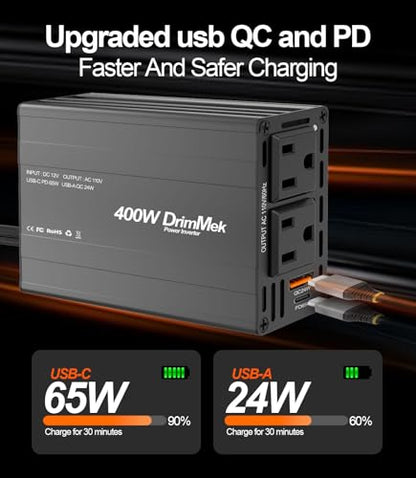 400W Car Power Inverter 12V to 110V AC｜24W+65W USB C, Laptop Charger | 65w Fast Charger,2 AC Output,Aluminum alloy casing - color: BLACK