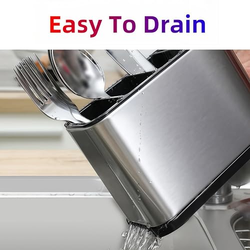 LIBODOUR Utensil Holder,Stainless Steel Caddy Counter,Spoon holder,4 Compartments Silverware Caddy,Capacity Flatware Spoon Fork Tool Cutlery Holder - color: Expand silvery