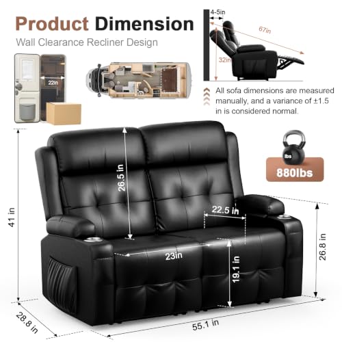 Reclining Loveseat, 55.1" RV PU Leather Wall Hugger Recliner Love Seats Sofa with Charging Station, Removable Armrest, Cup Holder, Double Recliners Couch, Manual Love Seat for Living Room - color: Midnight Black, size: Hera - Loveseat