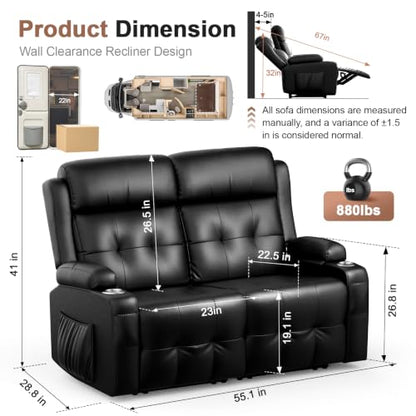 Reclining Loveseat, 55.1" RV PU Leather Wall Hugger Recliner Love Seats Sofa with Charging Station, Removable Armrest, Cup Holder, Double Recliners Couch, Manual Love Seat for Living Room - color: Midnight Black, size: Hera - Loveseat