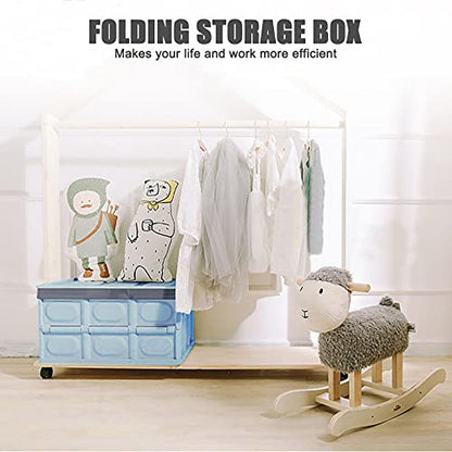 Lidded Storage Bins 2 Pack 30L Collapsible Storage Box Crates Plastic Tote Storage Box Container Stackable Folding Utility Crates for Clothes, Toy, Books ,Snack, Shoe, and Grocery Storage Bin-Blue
